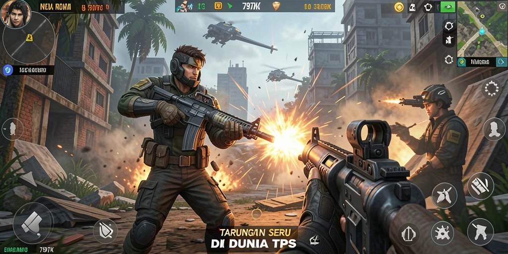 Screenshot menunjukkan pertarungan seru dalam gameplay TPS.