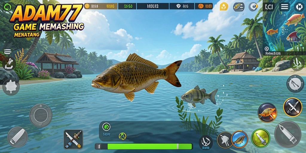 Screenshot utama menunjukkan gameplay memancing yang menantang dan seru.