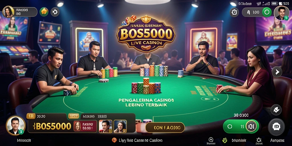 Screenshot utama BOS5000 menampilkan dealer langsung dalam suasana kasino.