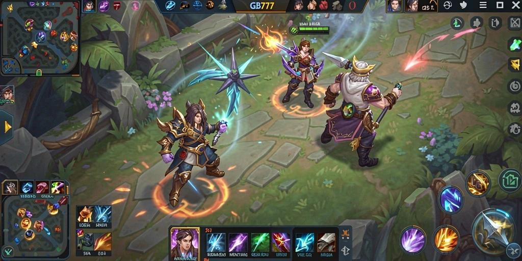Screenshot gameplay GB777 yang menampilkan aksi intens di arena MOBA.