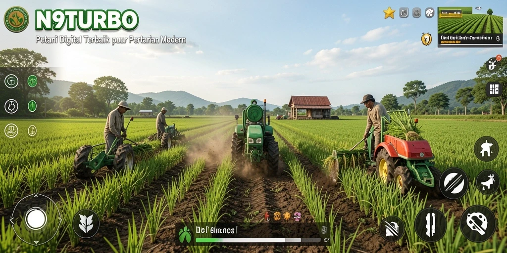 Tampilan gameplay N9TURBO dengan kebun yang subur dan beragam tanaman.